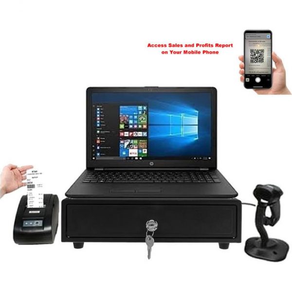 Hp Rechargeable POS HP_Laptop + Cash Drawer + Rechargeable Receipt Printer + Barcode Scanner + POS Software + Mobile Report Alert