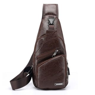 USB Charging Chest Bag Pu Leather Phone Pouch Fanny Pack Belt Male Clip Storage Bag Men's Outdoor Phone Bag Dark Brown